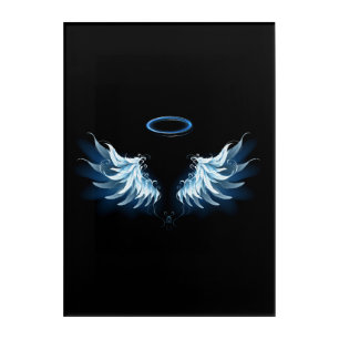 Blue Glowing Angel Wings on black background Acrylic Print