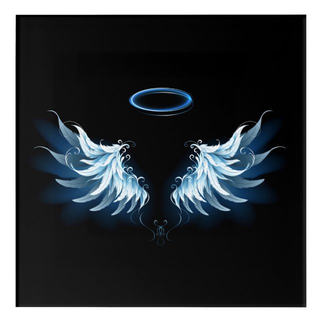Blue Glowing Angel Wings on black background Acrylic Print (Front)
