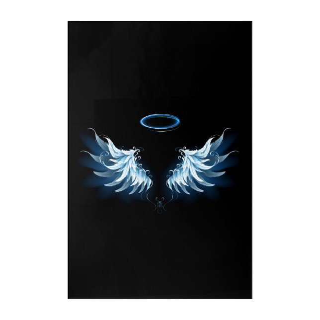 Blue Glowing Angel Wings on black background Acrylic Print (Front)
