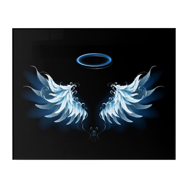 Blue Glowing Angel Wings on black background Acrylic Print (Front)