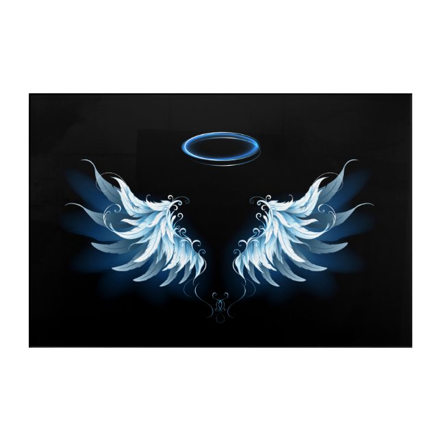 Blue Glowing Angel Wings on black background Acrylic Print (Front)