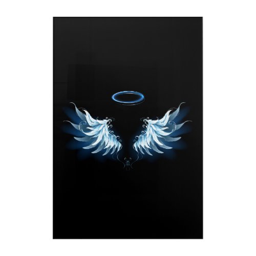 Blue Glowing Angel Wings on black background Acrylic Print