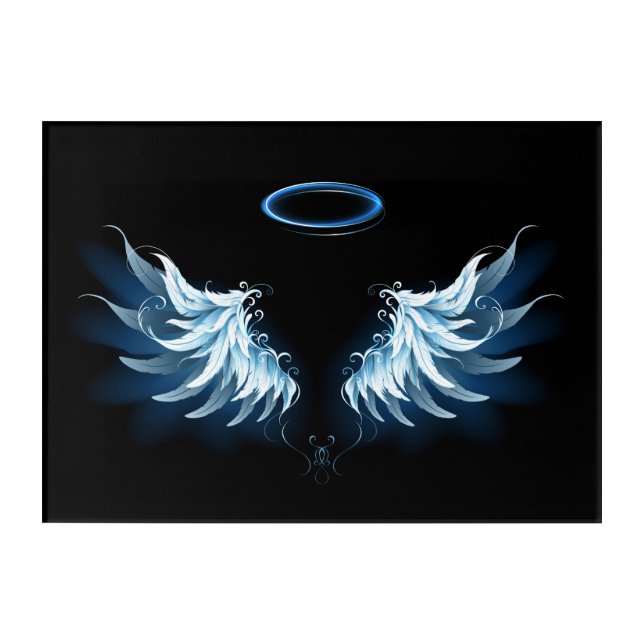Blue Glowing Angel Wings on black background Acrylic Print (Front)