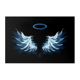 Blue Glowing Angel Wings on black background Acrylic Print