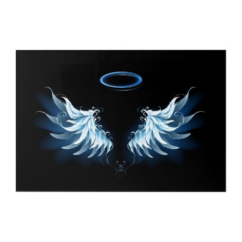 Blue Glowing Angel Wings on black background Acrylic Print