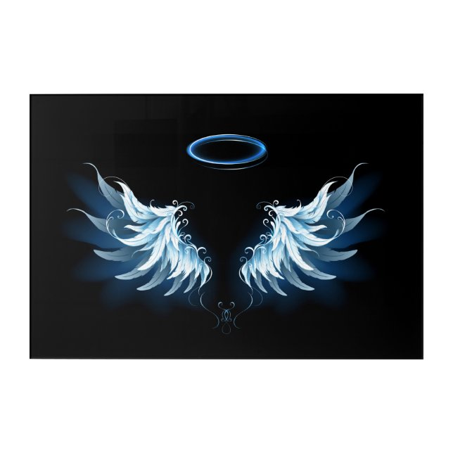 Blue Glowing Angel Wings on black background Acrylic Print (Front)