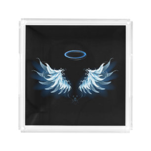 Blue Glowing Angel Wings on black background Acrylic Tray