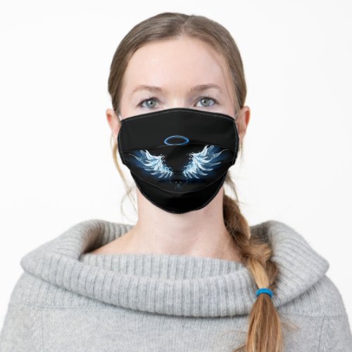 Blue Glowing Angel Wings on black background Adult Cloth Face Mask