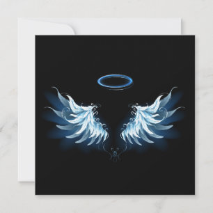 Blue Glowing Angel Wings on black background Announcement