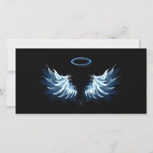 Blue Glowing Angel Wings on black background Announcement