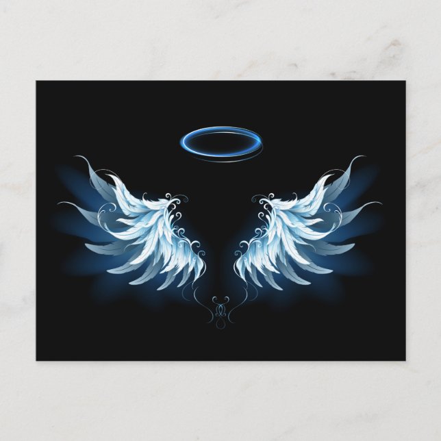 Blue Glowing Angel Wings on black background Announcement Postcard (Front)
