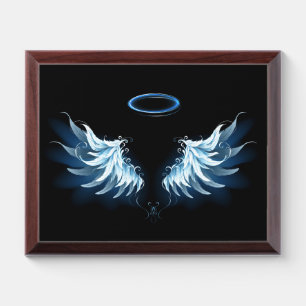 Blue Glowing Angel Wings on black background Award Plaque