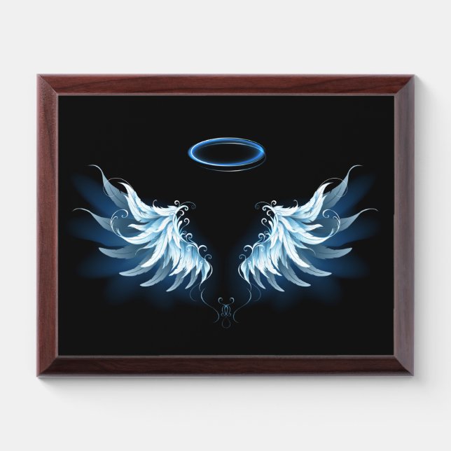 Blue Glowing Angel Wings on black background Award Plaque (Horizontal)