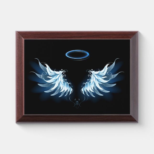 Blue Glowing Angel Wings on black background Award Plaque (Horizontal)
