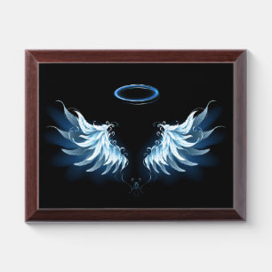 Blue Glowing Angel Wings on black background Award Plaque