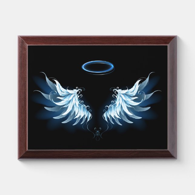 Blue Glowing Angel Wings on black background Award Plaque (Horizontal)
