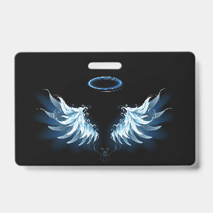Blue Glowing Angel Wings on black background Badge