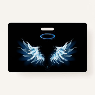 Blue Glowing Angel Wings on black background Badge