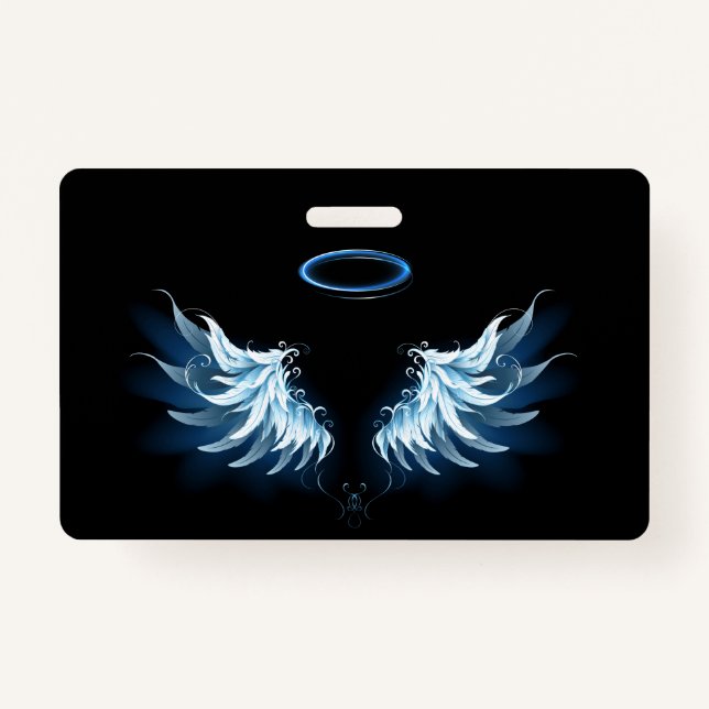 Blue Glowing Angel Wings on black background Badge (Front)