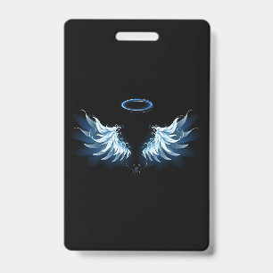 Blue Glowing Angel Wings on black background Badge