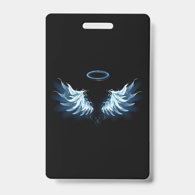 Blue Glowing Angel Wings on black background Badge (Front)