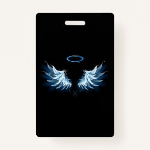 Blue Glowing Angel Wings on black background Badge