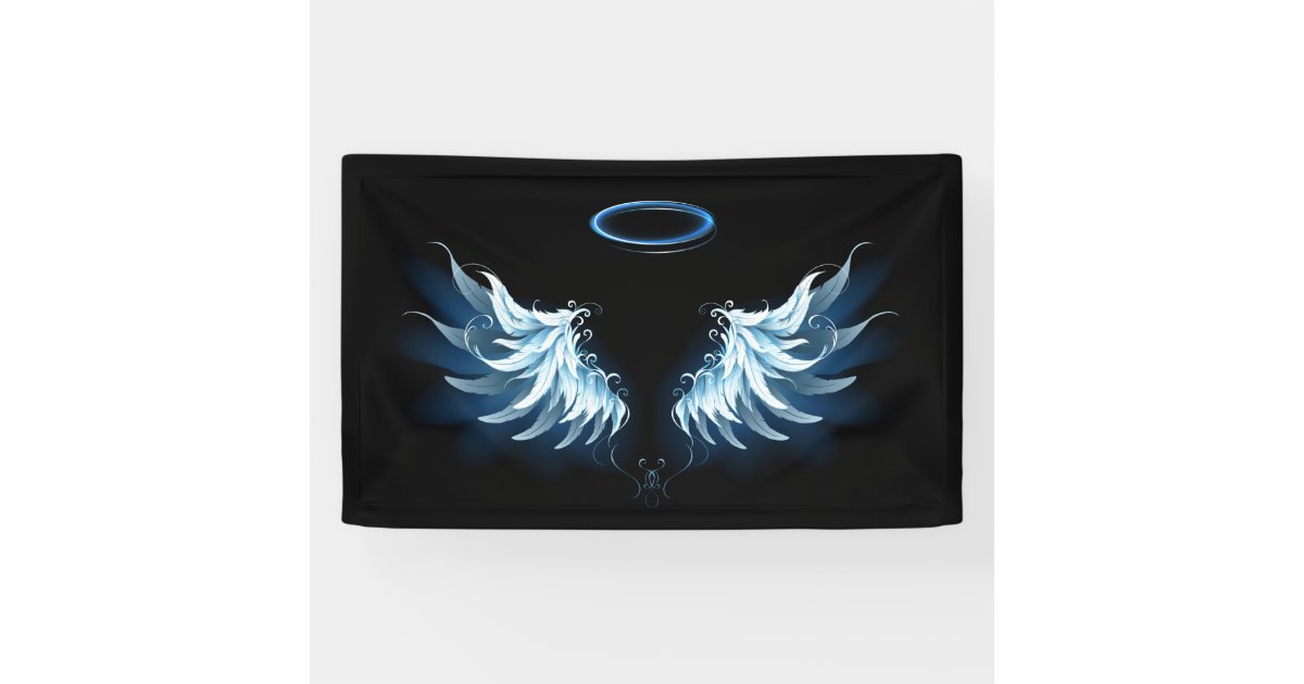 Blue Glowing Angel Wings on black background Banner | Zazzle