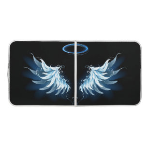 Blue Glowing Angel Wings on black background Beer Pong Table