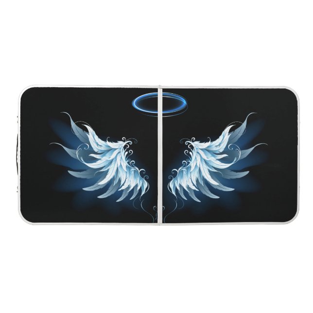 Blue Glowing Angel Wings on black background Beer Pong Table (Top)
