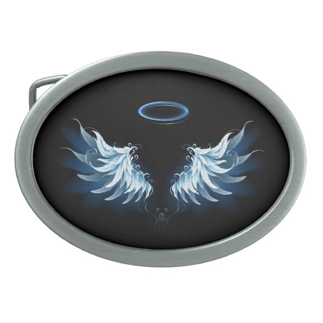 Blue Glowing Angel Wings on black background Belt Buckle (Front)