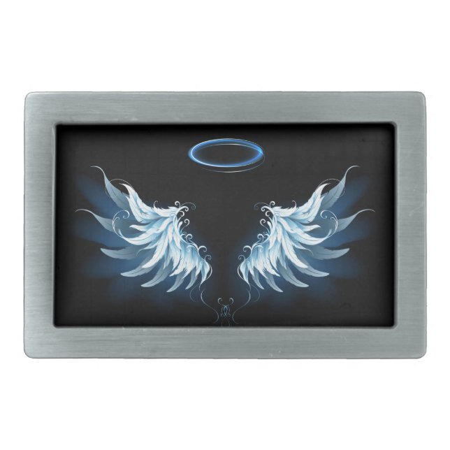Blue Glowing Angel Wings on black background Belt Buckle (Front)