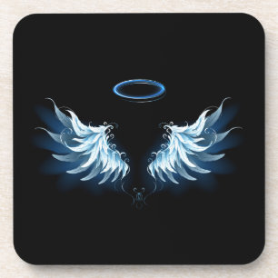 Blue Glowing Angel Wings on black background Beverage Coaster