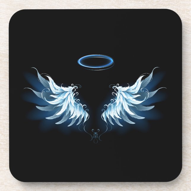 Blue Glowing Angel Wings on black background Beverage Coaster (Front)