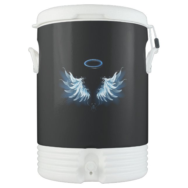 Blue Glowing Angel Wings on black background Beverage Cooler (Front)