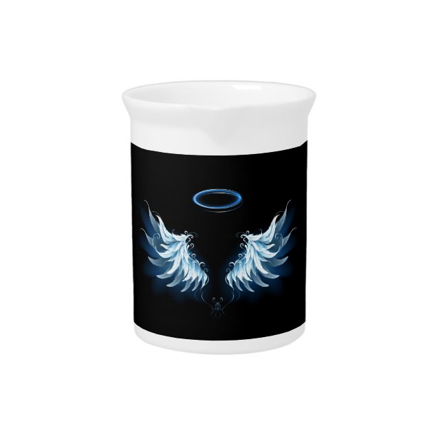 Blue Glowing Angel Wings on black background Beverage Pitcher (Front)
