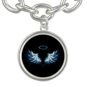 Blue Glowing Angel Wings on black background Bracelet