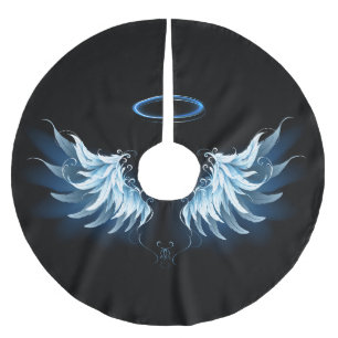 Blue Glowing Angel Wings on black background Brushed Polyester Tree Skirt