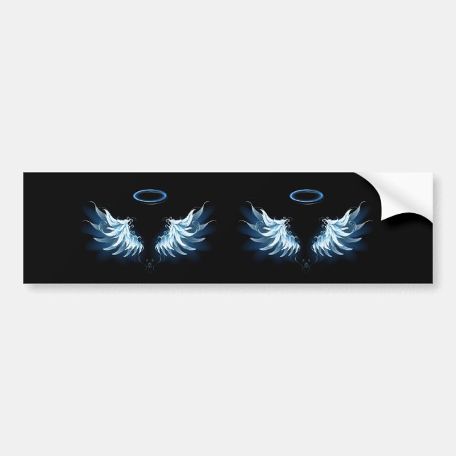 Blue Glowing Angel Wings on black background Bumper Sticker (Front)