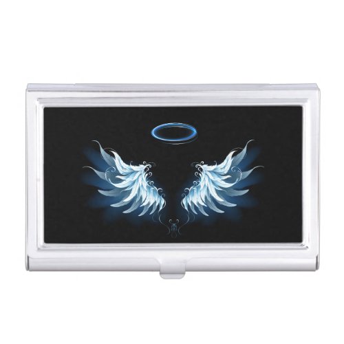 Blue Glowing Angel Wings on black background Business Card Case