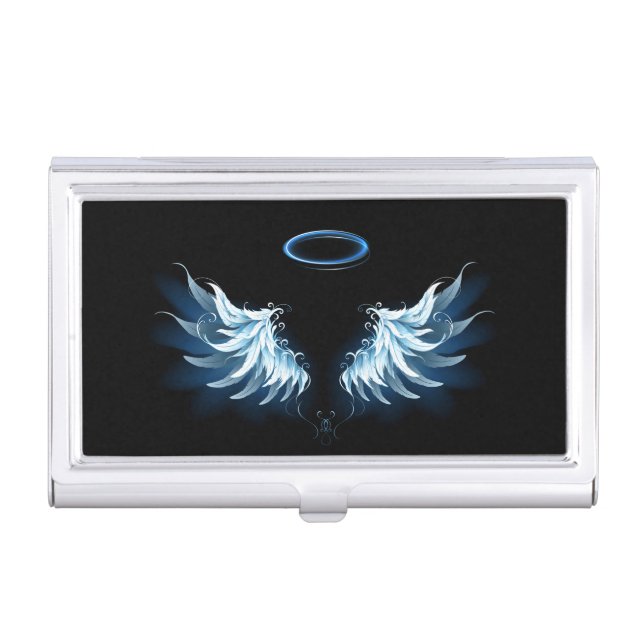 Blue Glowing Angel Wings on black background Business Card Case (Front)
