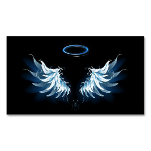 Blue Glowing Angel Wings on black background Business Card Magnet