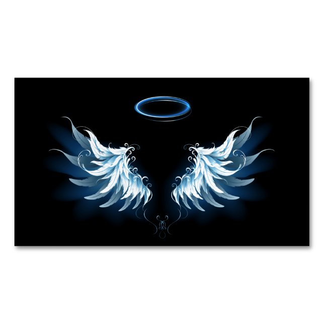 Blue Glowing Angel Wings on black background Business Card Magnet (Front)