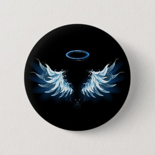 Blue Glowing Angel Wings on black background Button
