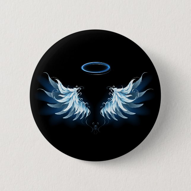 Blue Glowing Angel Wings on black background Button (Front)