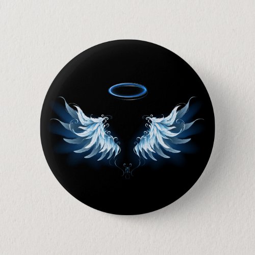 Blue Glowing Angel Wings on black background Button