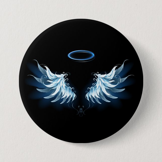 Blue Glowing Angel Wings on black background Button (Front)
