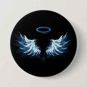 Blue Glowing Angel Wings on black background Button
