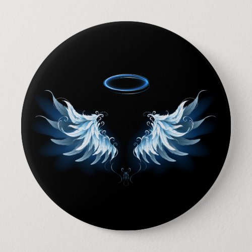 Blue Glowing Angel Wings on black background Button