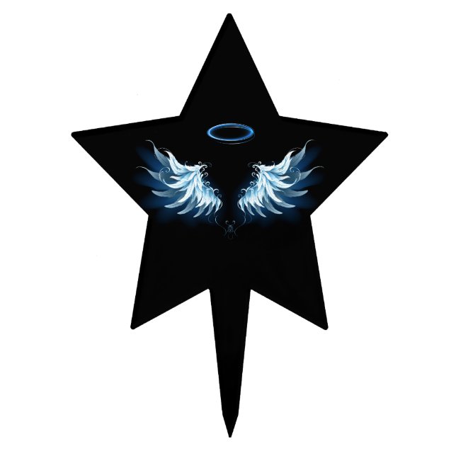 Blue Glowing Angel Wings on black background Cake Topper (Front)