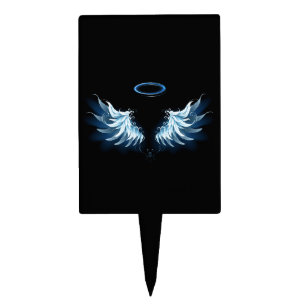 Blue Glowing Angel Wings on black background Cake Topper